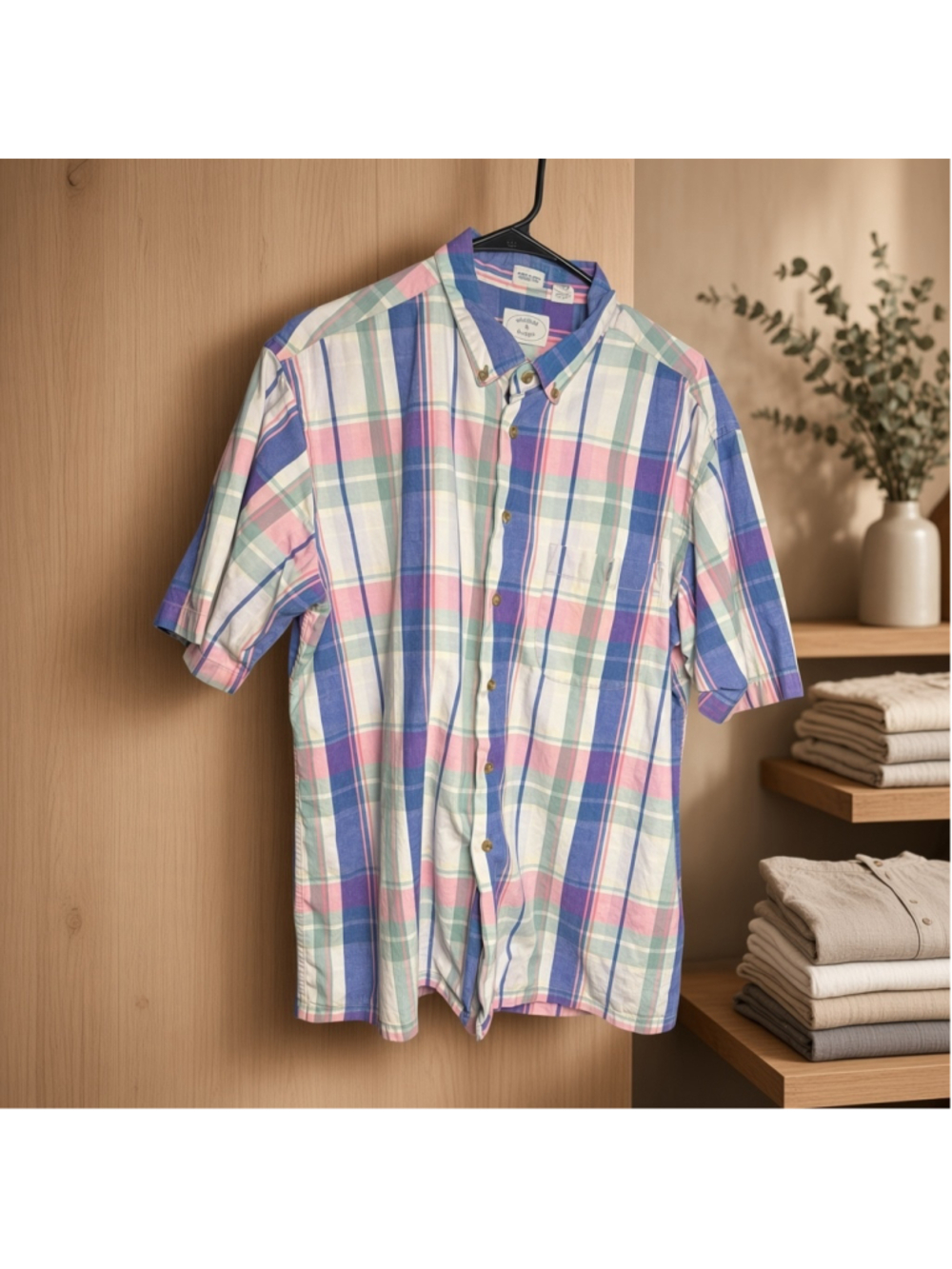 Men's Whitfield & Bridges Plaid Button Down Shirt XL Blue Pink